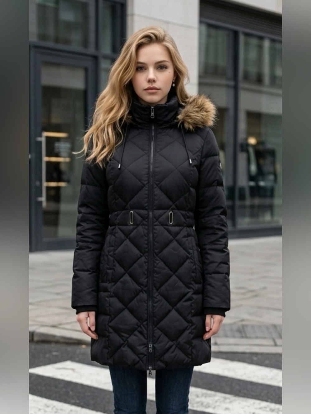 Kenneth Cole Reaction Black Quilted Hooded Puffer with Faux Fur Trim